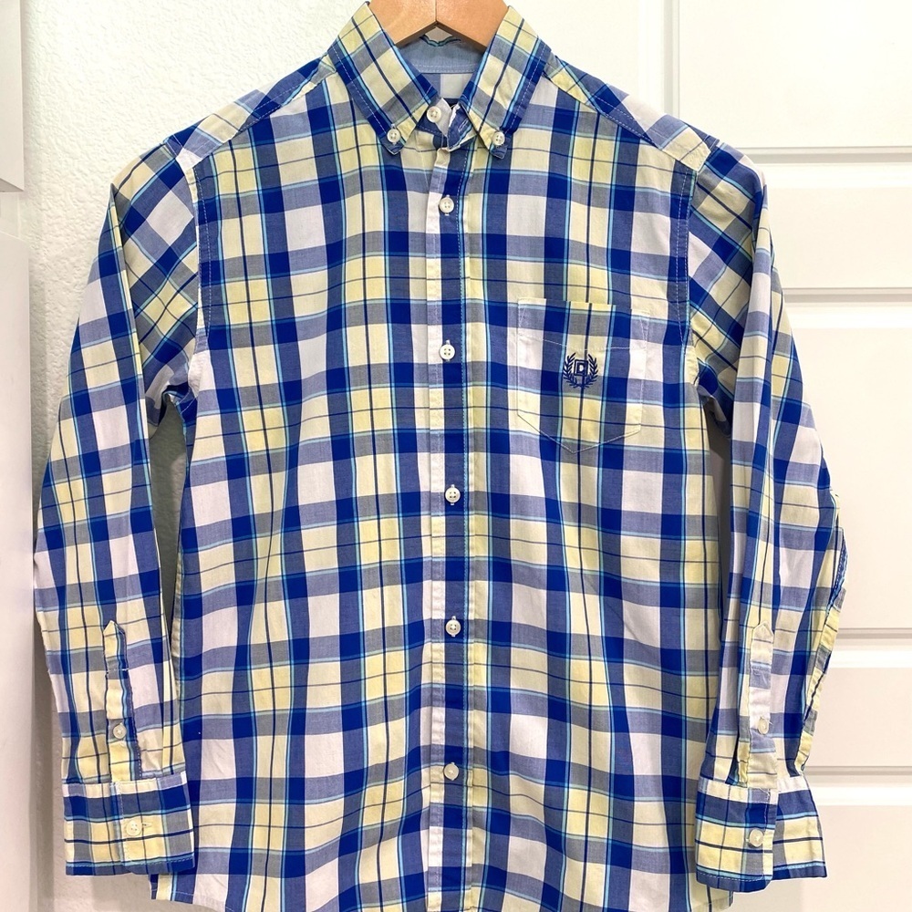 Chaps Boys Blue and Yellow Plaid Button Down Shirt Long Sleeve Size Medium 10/12